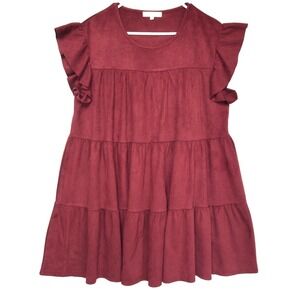 Indigo Soul Velvet Babydoll Burgundy Flutter Sleeve Tiered Mini Dress Womens L